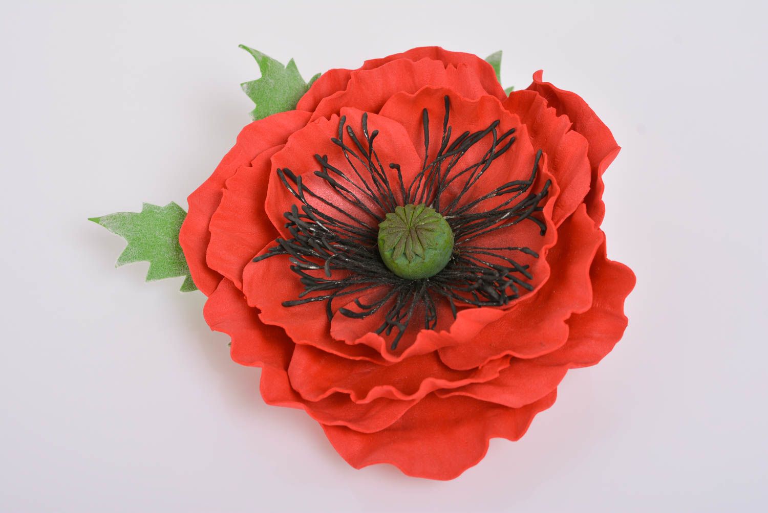 Handmade designer hair clip brooch with large plastic suede red poppy flower photo 5