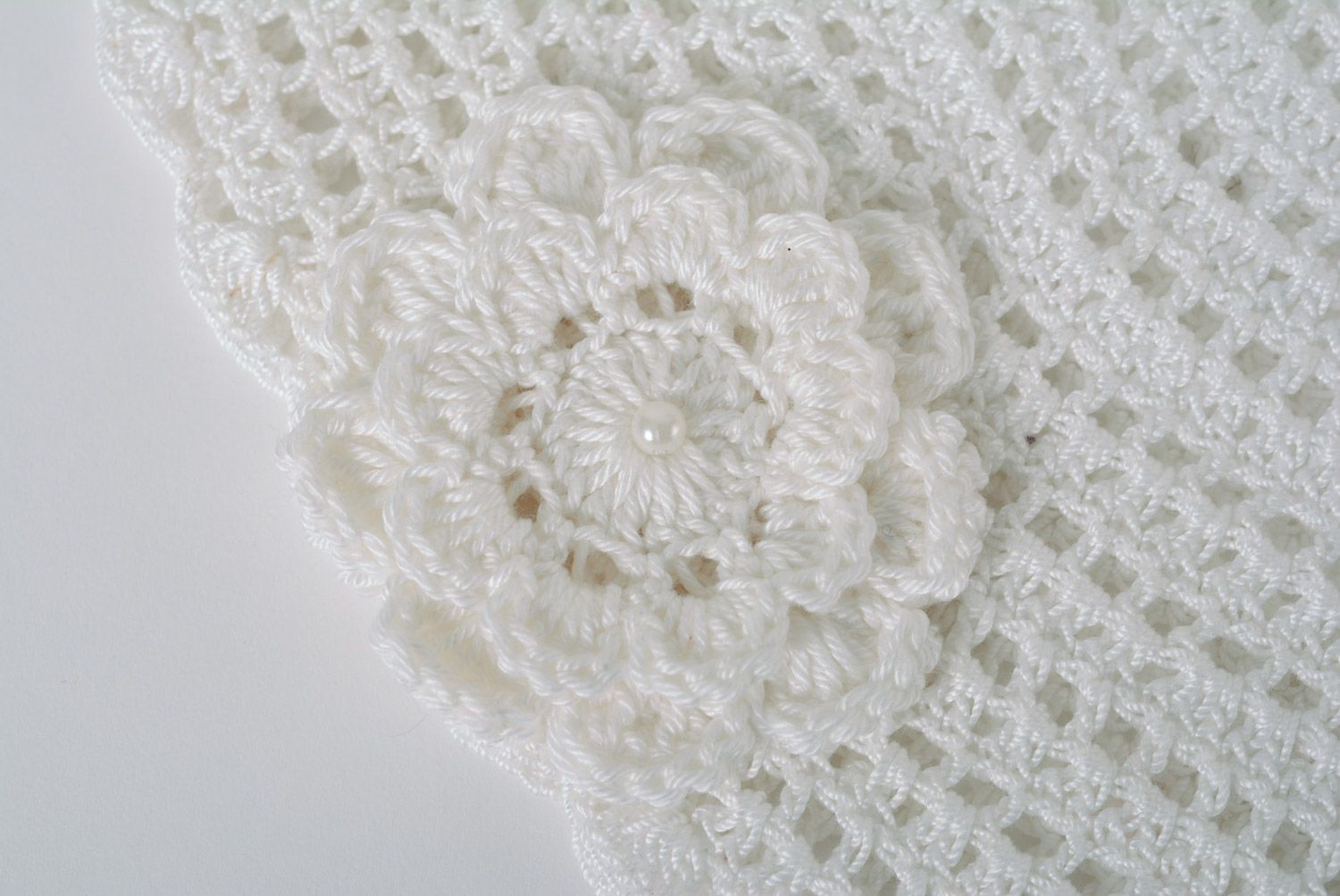 Handmade white lacy hat crocheted of cotton threads with flowers and beads photo 2