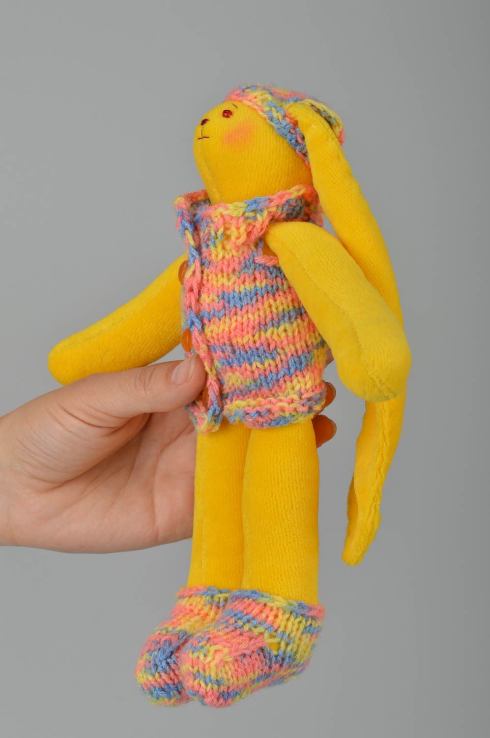 Doudou lapin jaune fait main Peluche en tissu de coton Cadeau enfant original photo 3