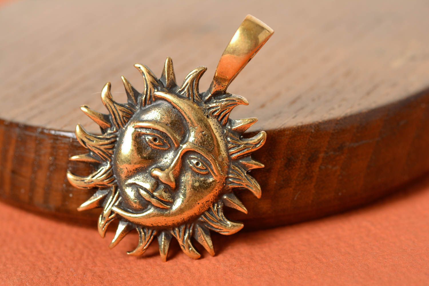 Unisex handmade designer neck pendant cast of bronze Moon and Sun photo 4