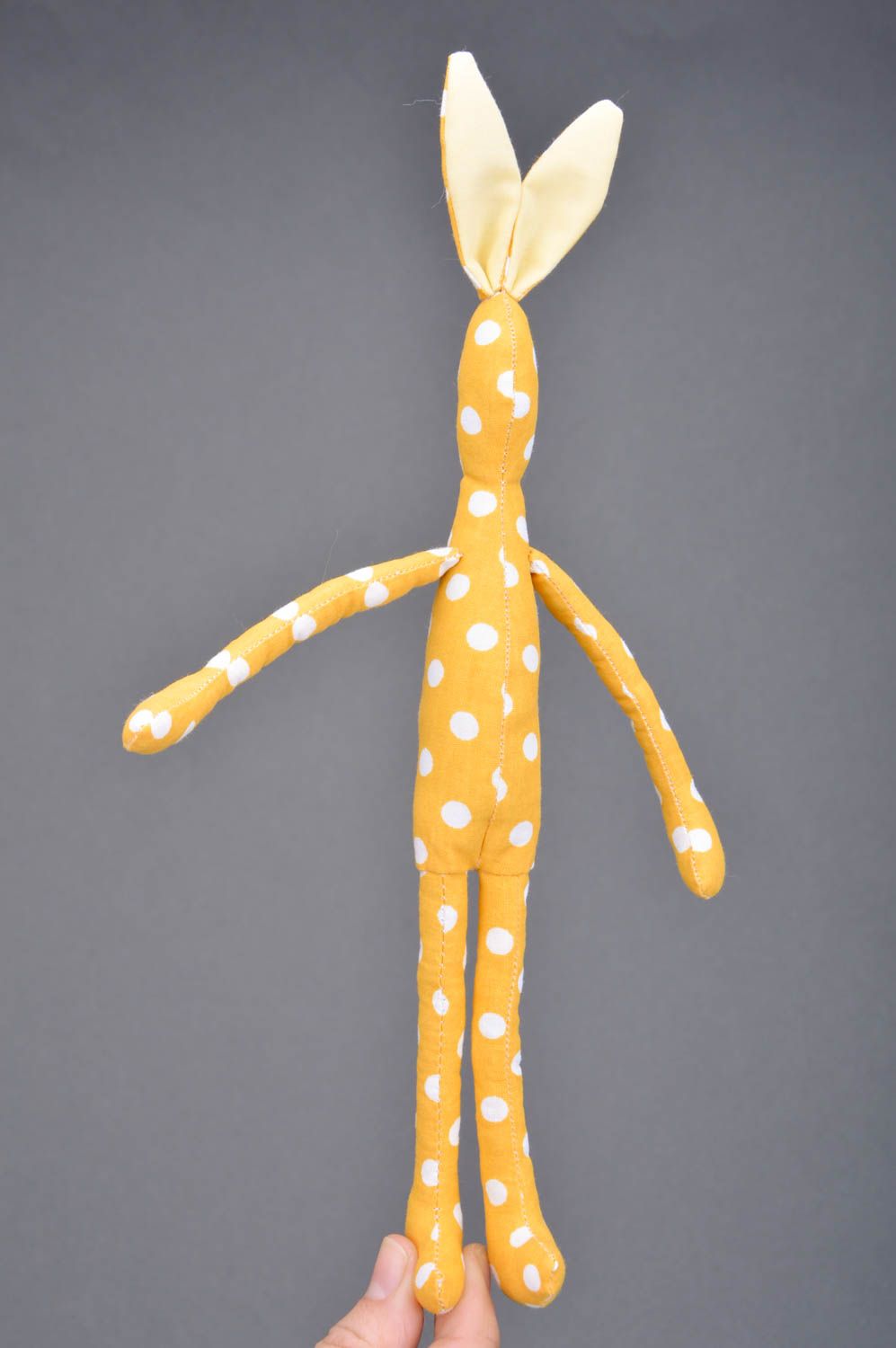 Handmade soft toy long rabbit yellow with white polka dots made of cotton fabric  photo 3