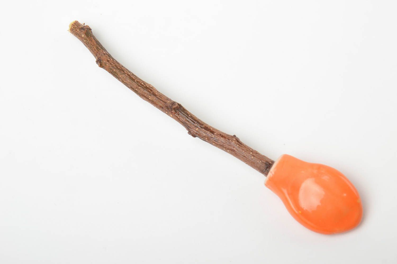 Оранжевая ложка для специй из глины и деревянной веточки абрикоса хэнд мэйд фото 3
