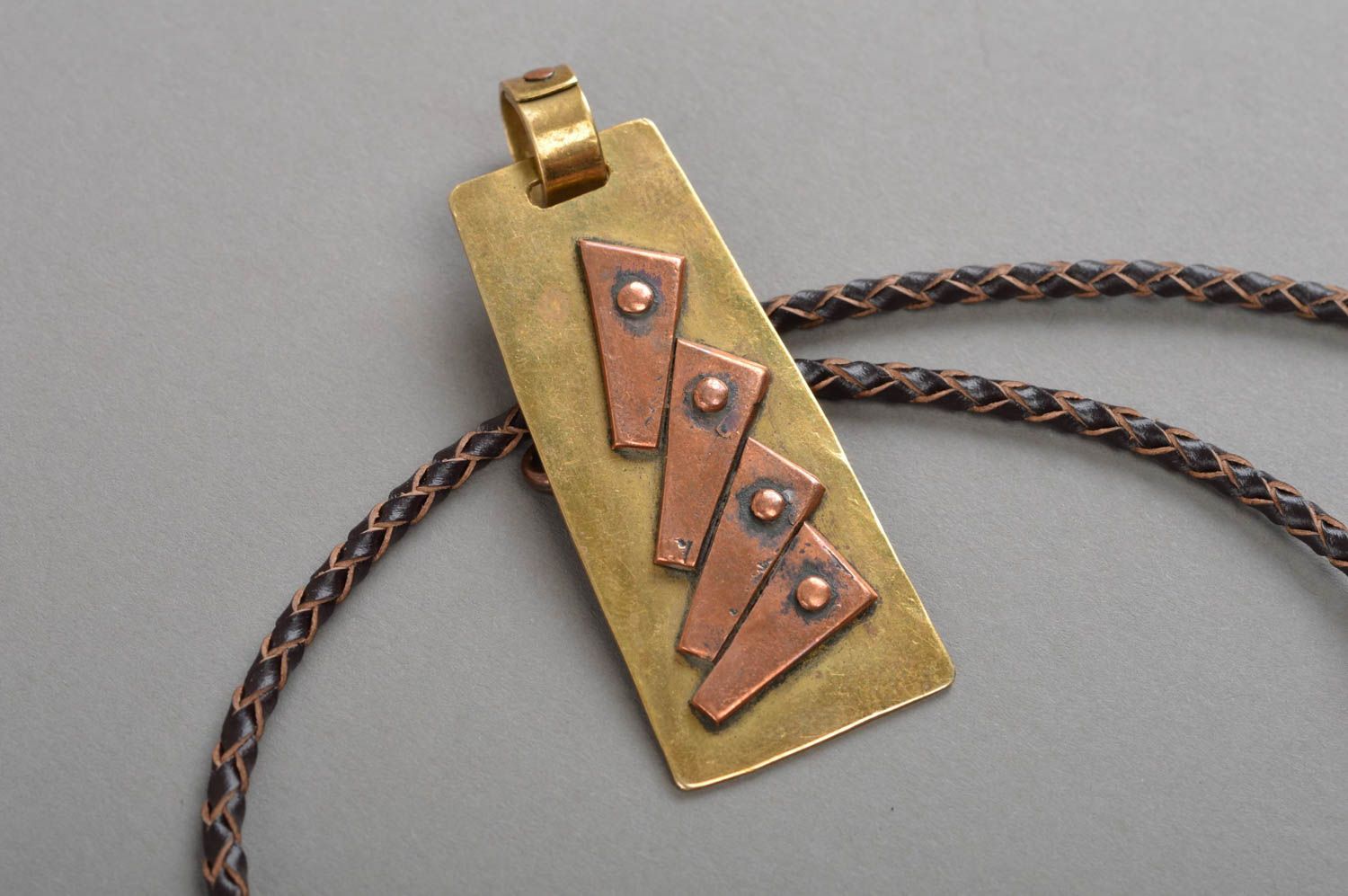 Metal pendant handmade copper accessory stylish brass jewelry on long cord photo 3