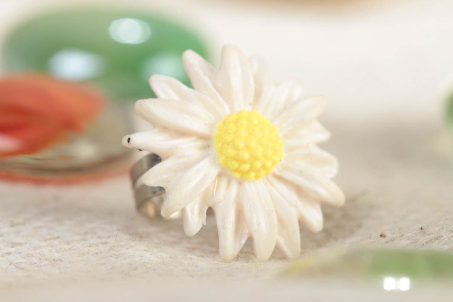 Handmade polymer clay chamomile flower ring on metal basis of adjustable size photo 1