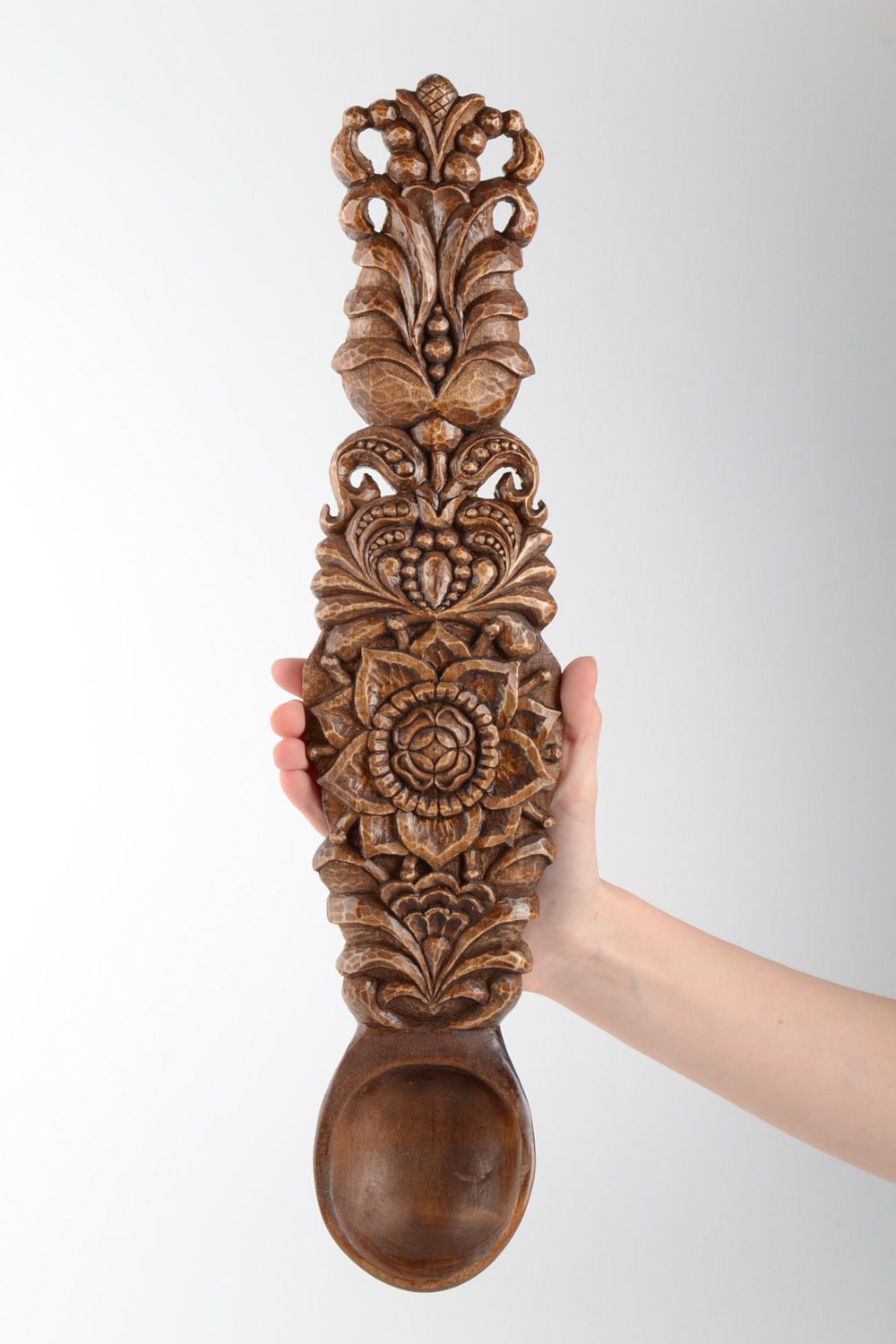 Large handmade wall hanging spoon with fancy art carving in ethnic style photo 5