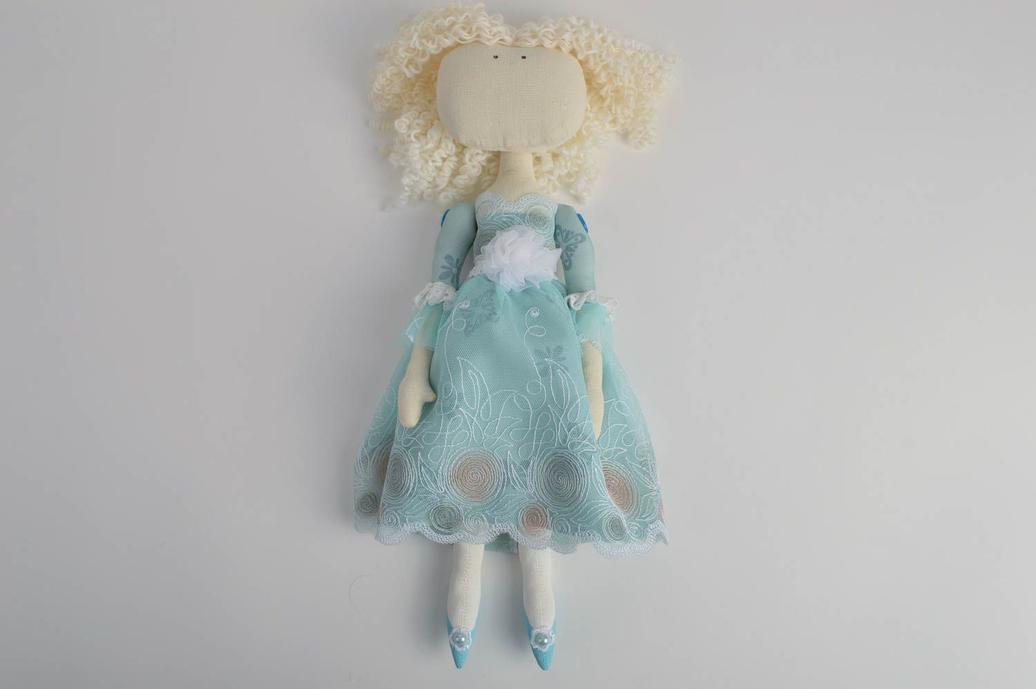 Handmade cute designer interior fabric soft doll blondie in blue dress Adelle photo 2