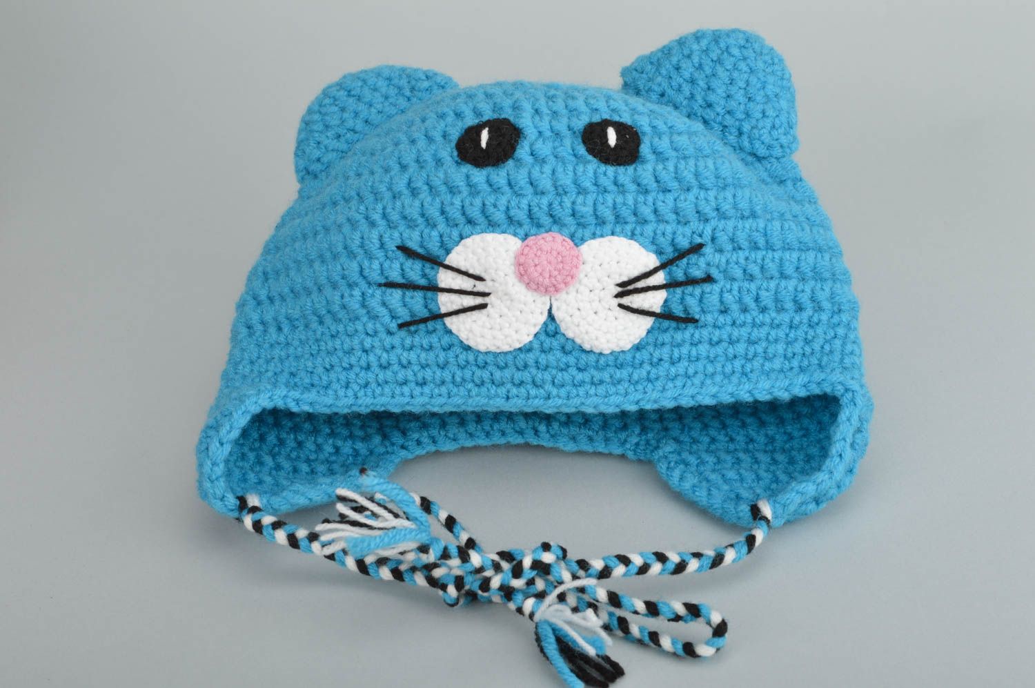 Handmade designer children's hat crocheted of blue cotton and woolen threads Cat photo 2