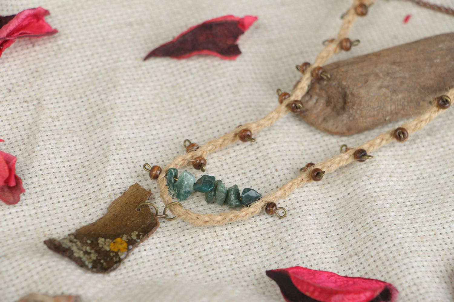 Handmade designer botanical pendant with bark and natural stone photo 5