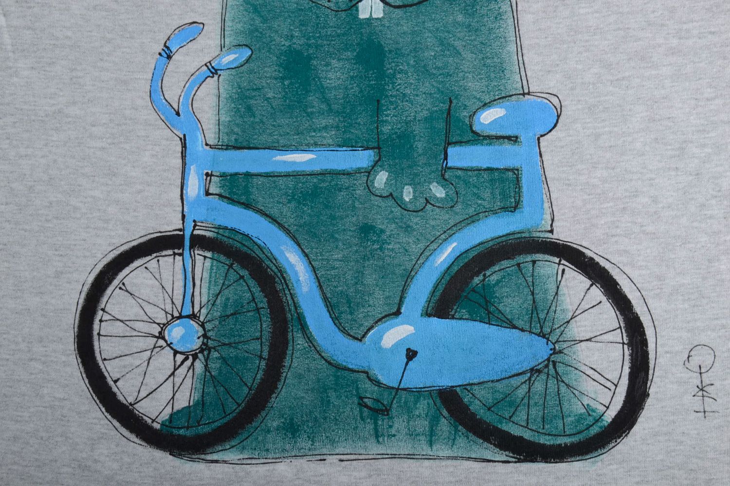 Handgemachtes Sporthemd aus Baumwolle mit Bild von Hasen samt Fahrrad originell  foto 2