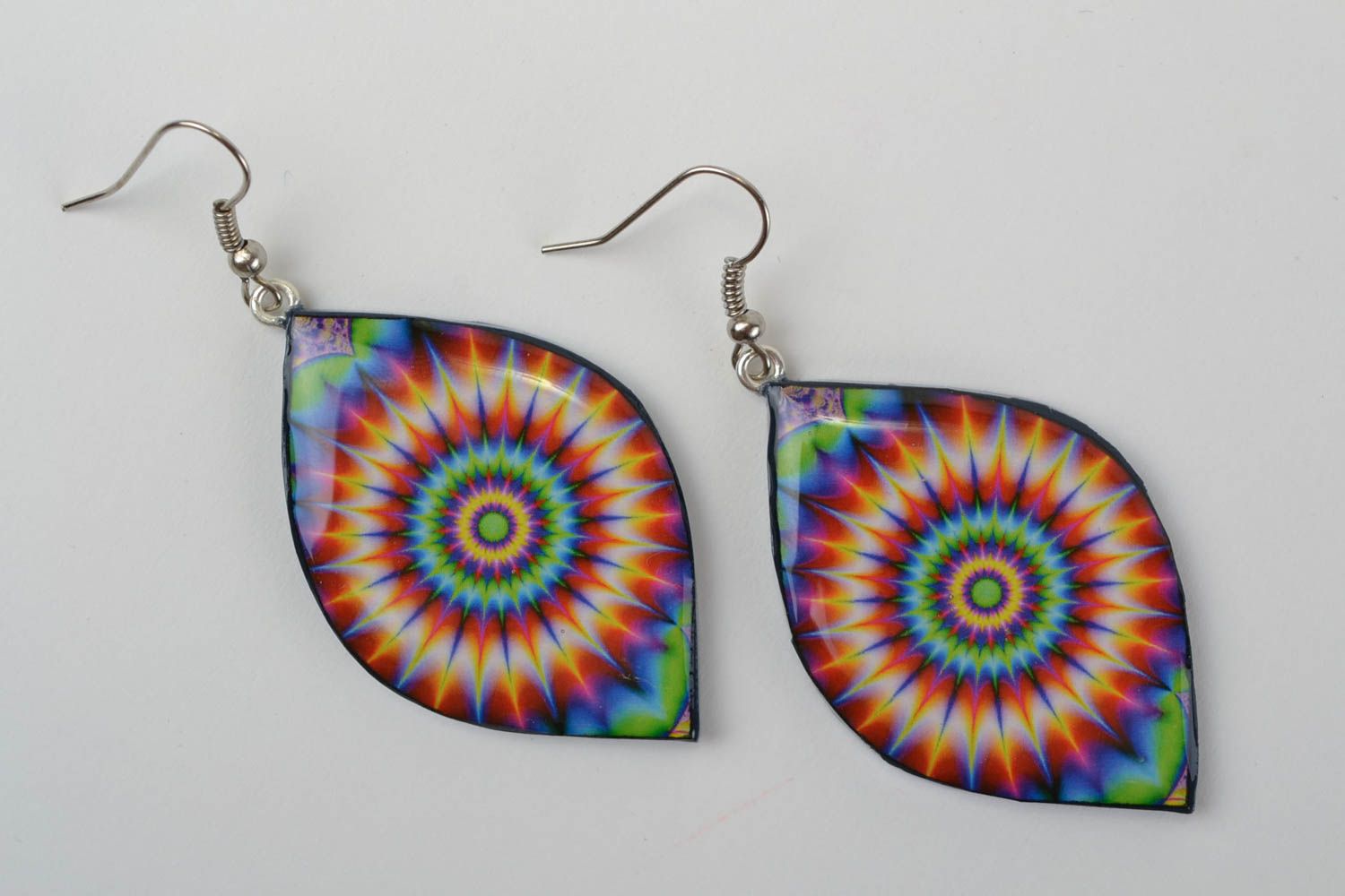 Bright motley handmade designer plastic earrings with decoupage Leaves photo 3