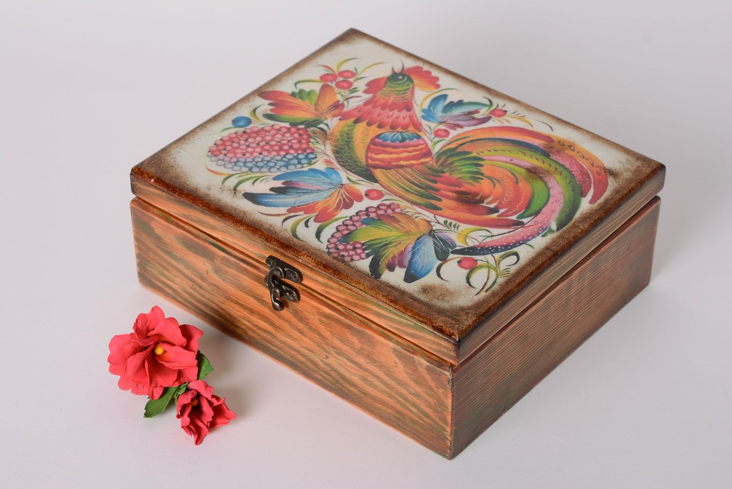 Handmade decoupage rectangular wooden jewelry box and hair clip set photo 1
