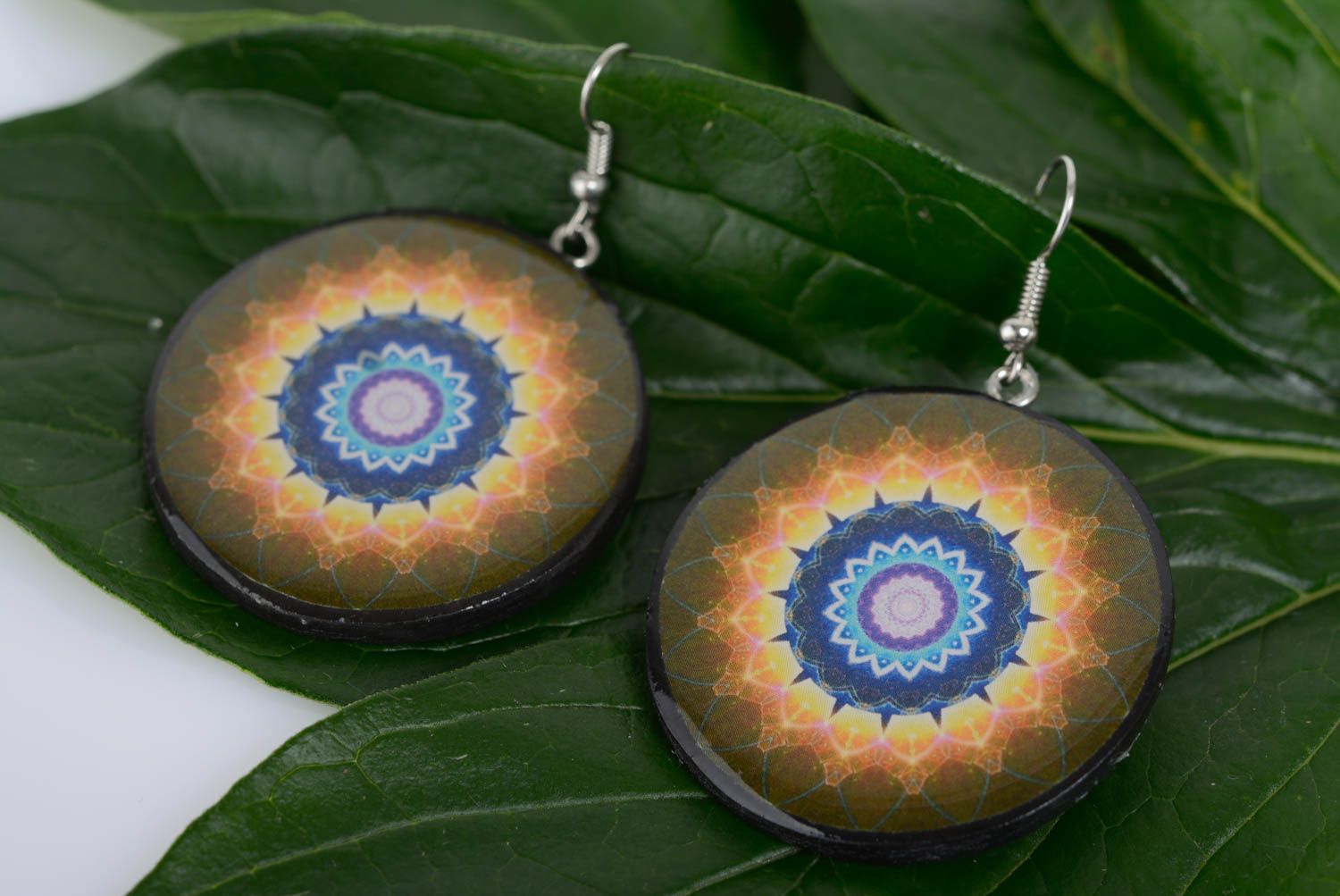 Earrings with pattern brown polymer clay decoupage handmade accessory for summer photo 3
