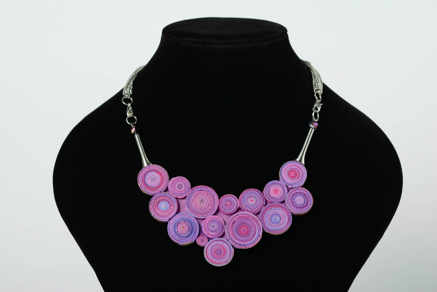 Handmade polymer clay women's necklace on metal chain in violet color palette photo 1