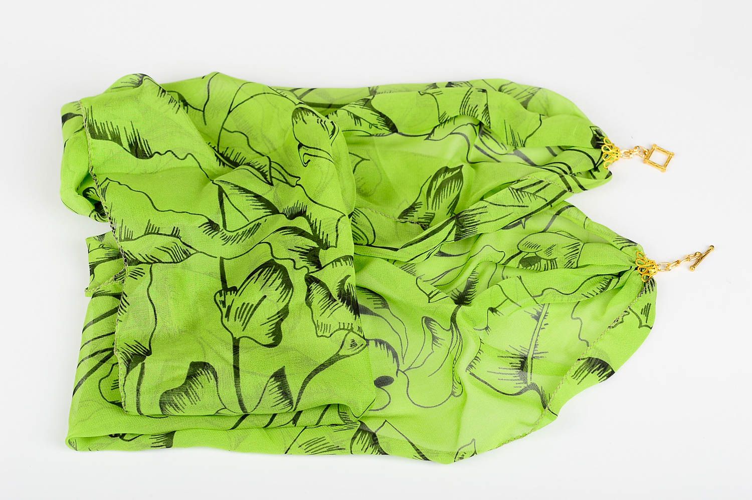 Шарф ручной работы женский шарф легкий шифоновый шарф зеленый с листиками фото 4