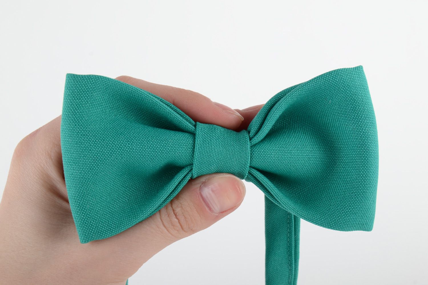 Handmade stylish bow tie sewn of costume fabric of turquoise color for men photo 5