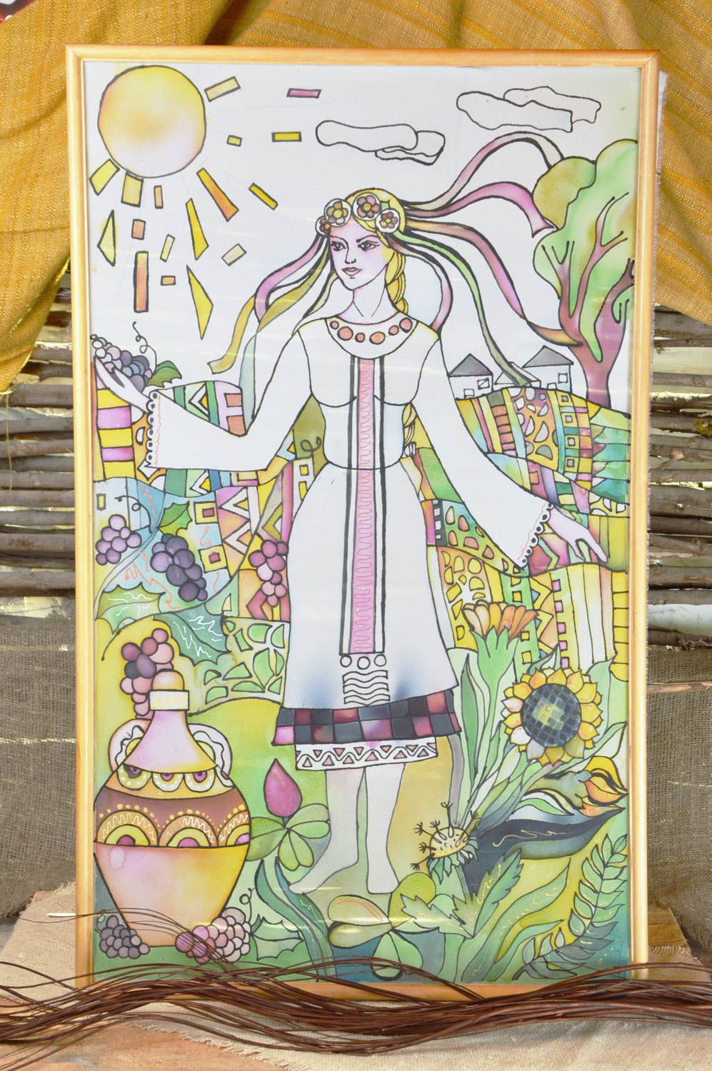 Handgemachtes helles Batik Wandbild aus Naturstoff Mädchen mit Bändern  foto 1