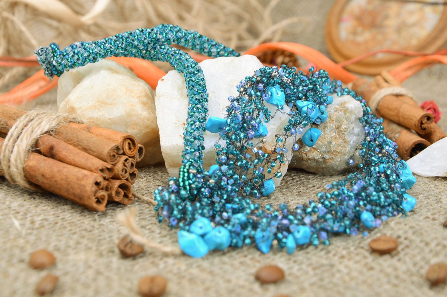 Stylish handmade women's airy beaded necklace with turquoise stone in blue color palette photo 3
