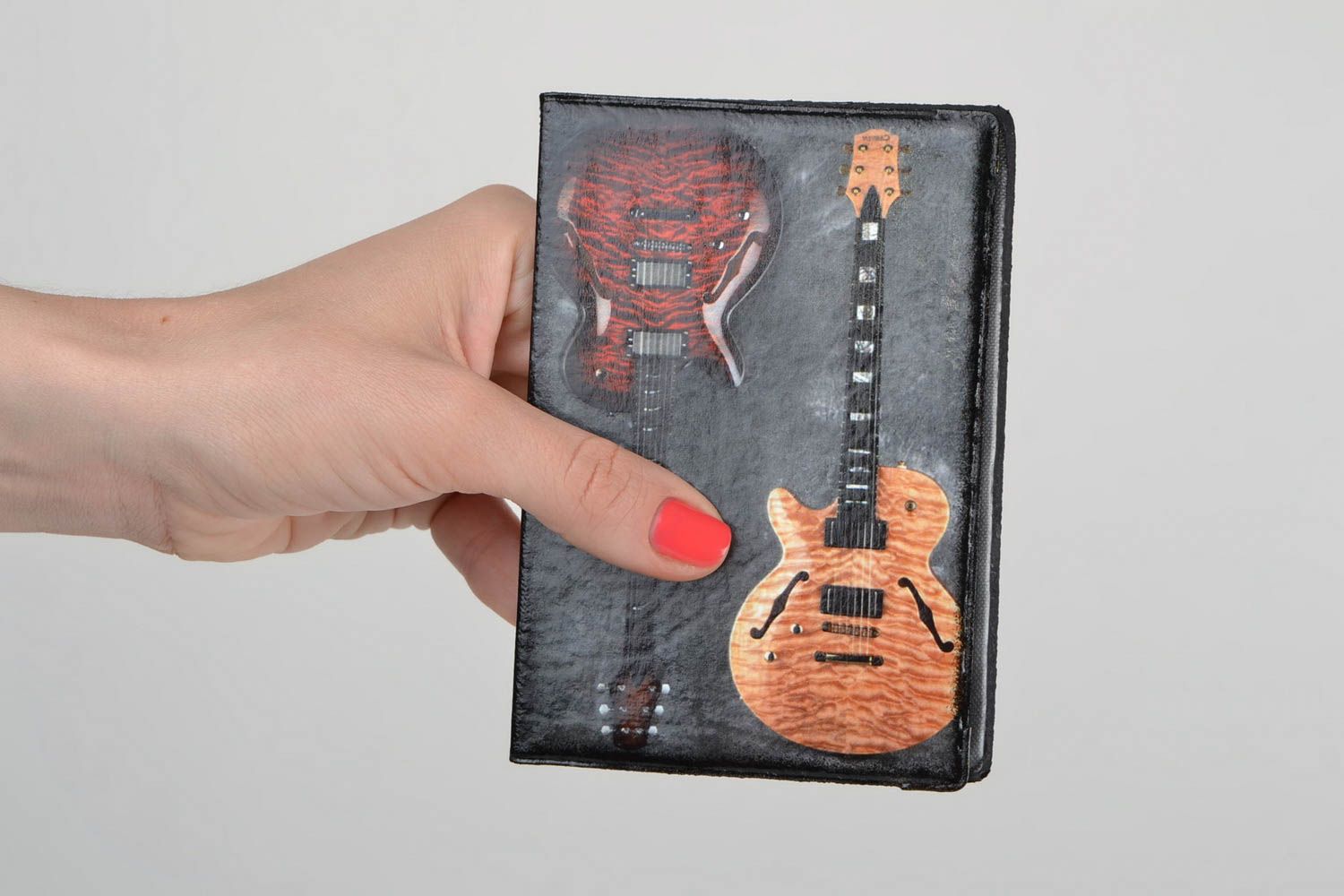 Handmade stylish faux leather passport cover decorated with decoupage Guitars photo 2