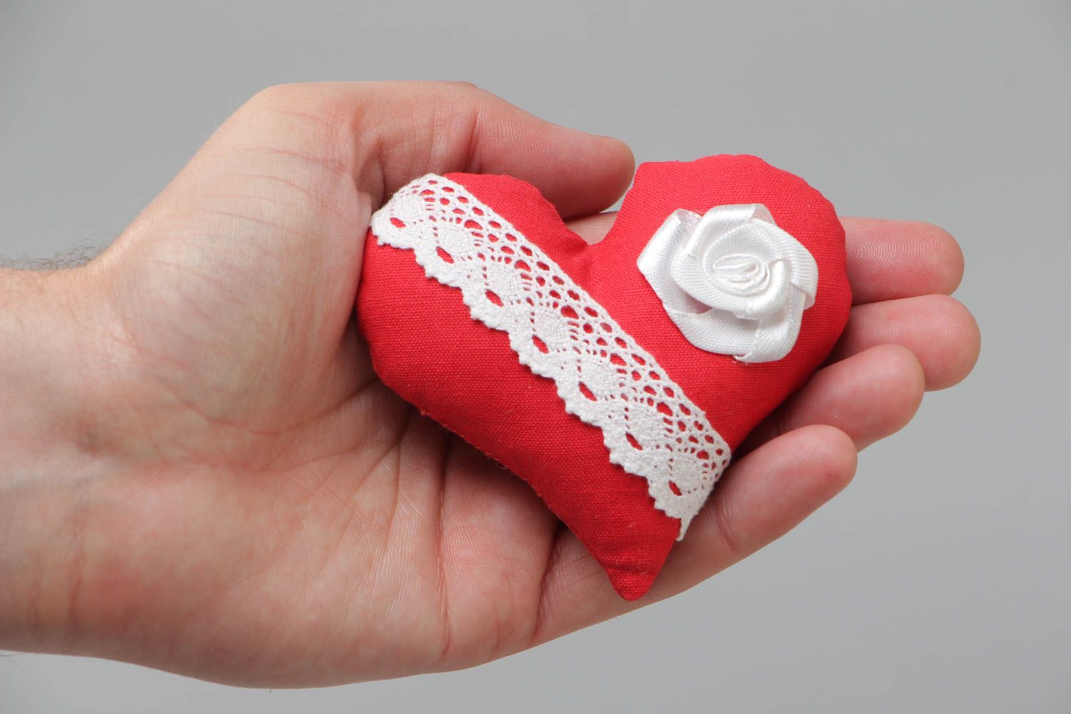 Handmade decorative fridge magnet with soft red cotton fabric heart with lace photo 5