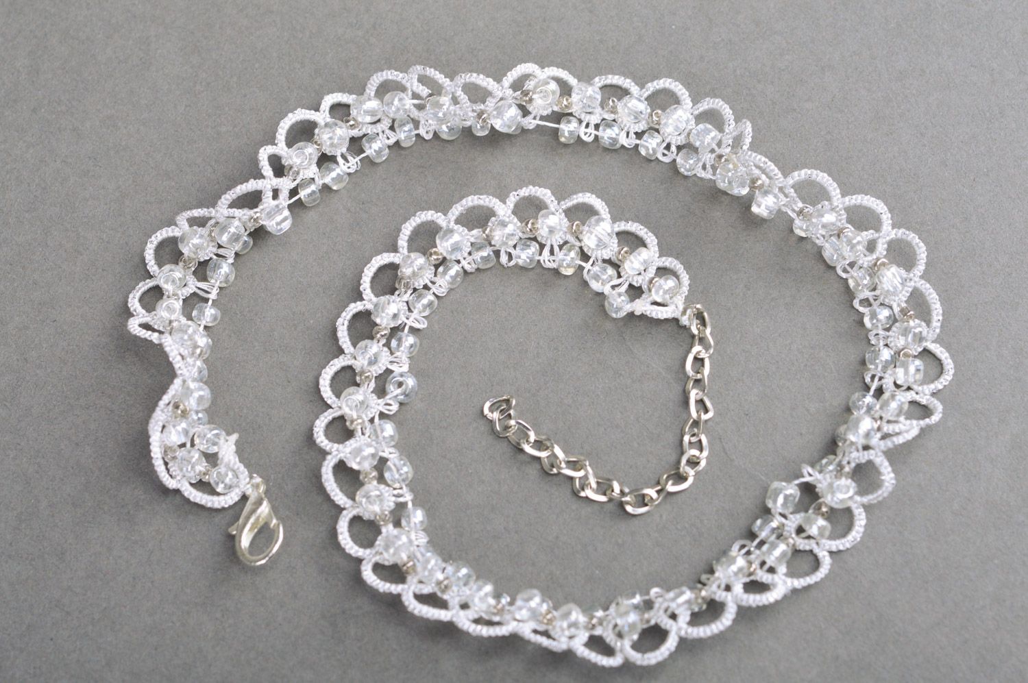 Handmade tender white tatted necklace woven of Czech beads and satin thread photo 4