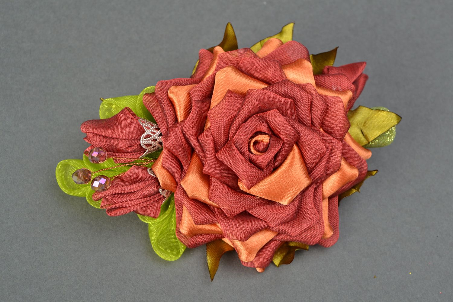 Заколка-зажим для волос в виде цветка из шифона и атласа Чайная роза фото 2