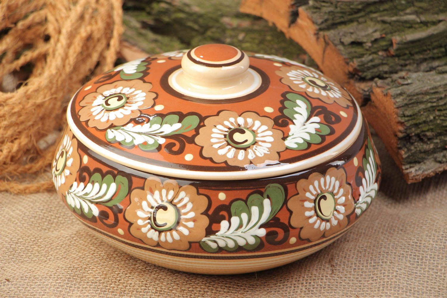 Large handmade painted ceramic tureen molded of red clay 1.5 l photo 1