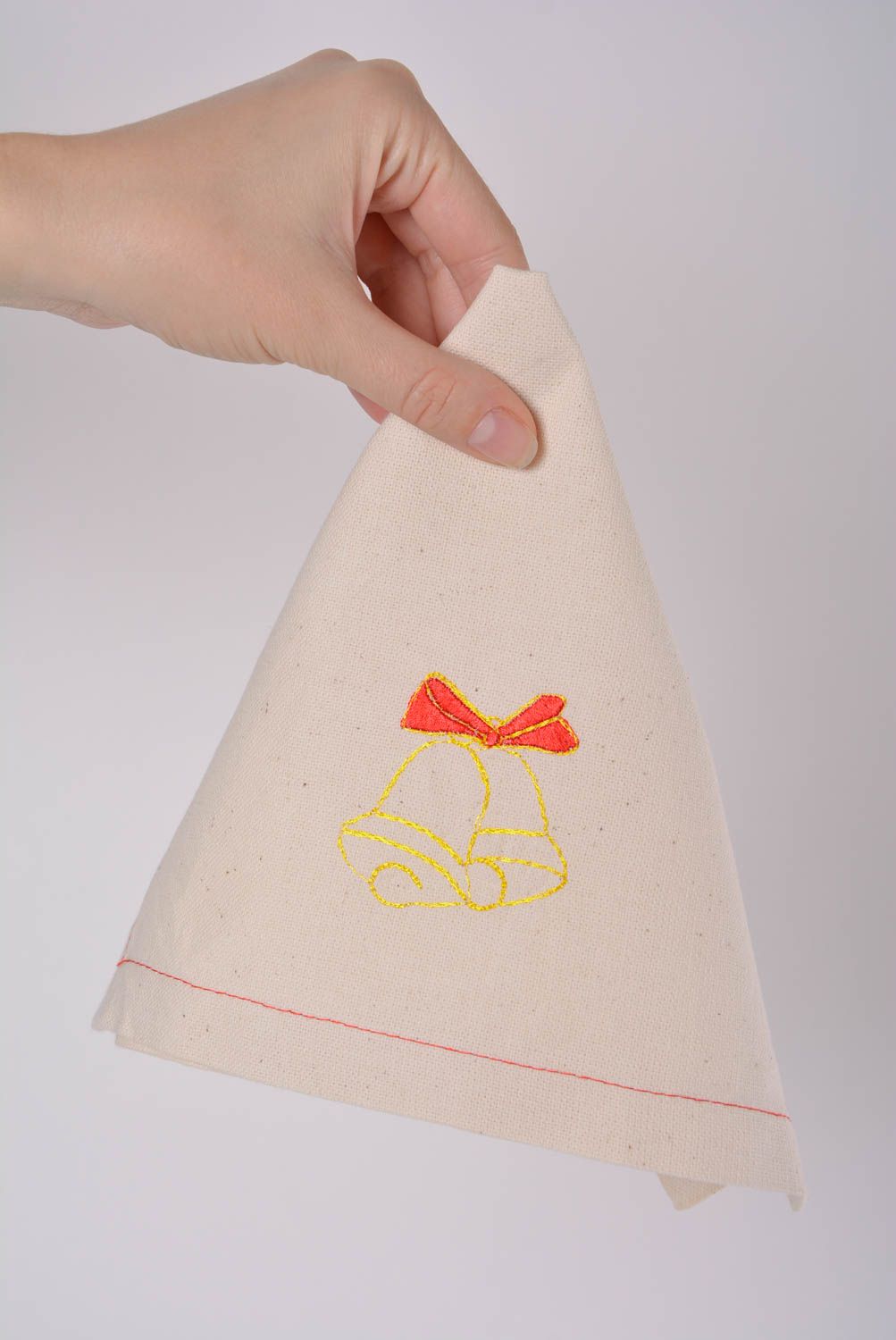 Handmade designer semi linen cloth napkin with embroidered bells Christmas photo 2