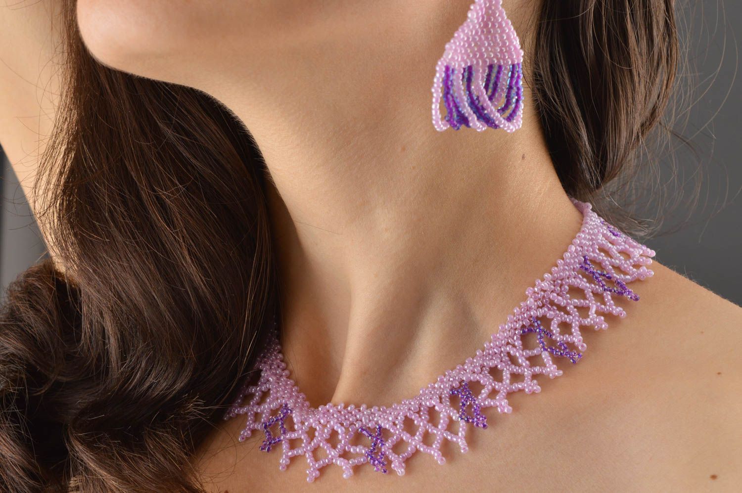Handmade Schmuck Set Mode Accessoires Halskette Damen lange Ohrringe lila schön foto 5