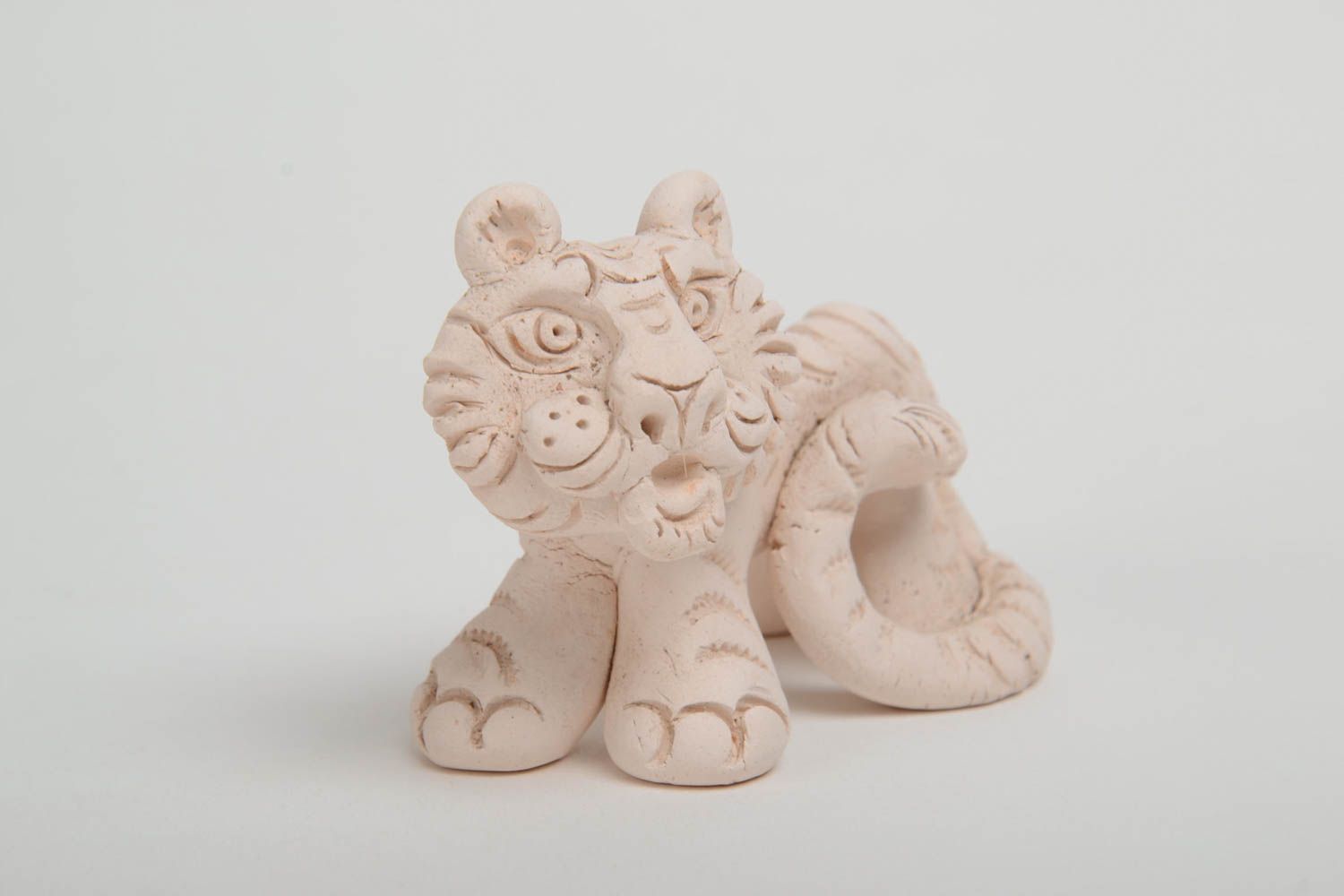 Unusual small handmade collectible clay statuette of white tiger home decor photo 2