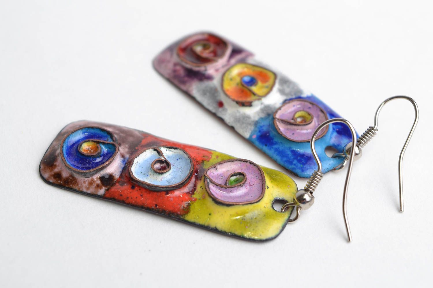 Long rectangular handmade copper dangling earrings painted with colorful enamel photo 4