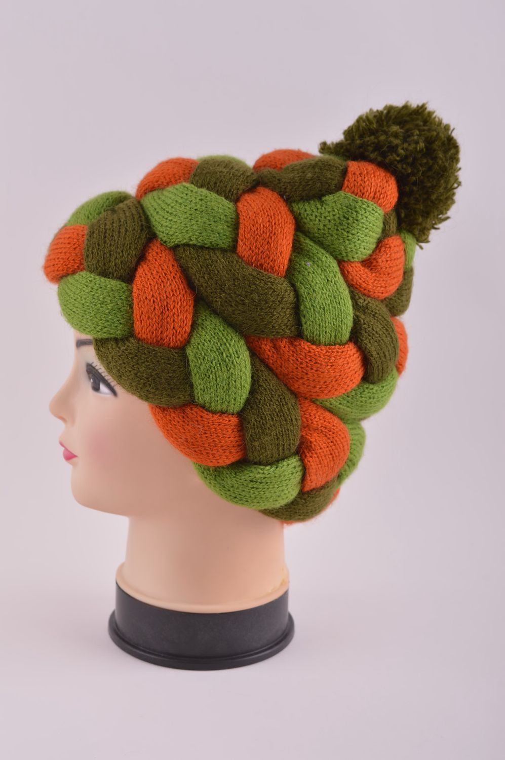 Bonnet tricoté fait main Bonnet original vert-orange pompon Accessoire femme photo 3