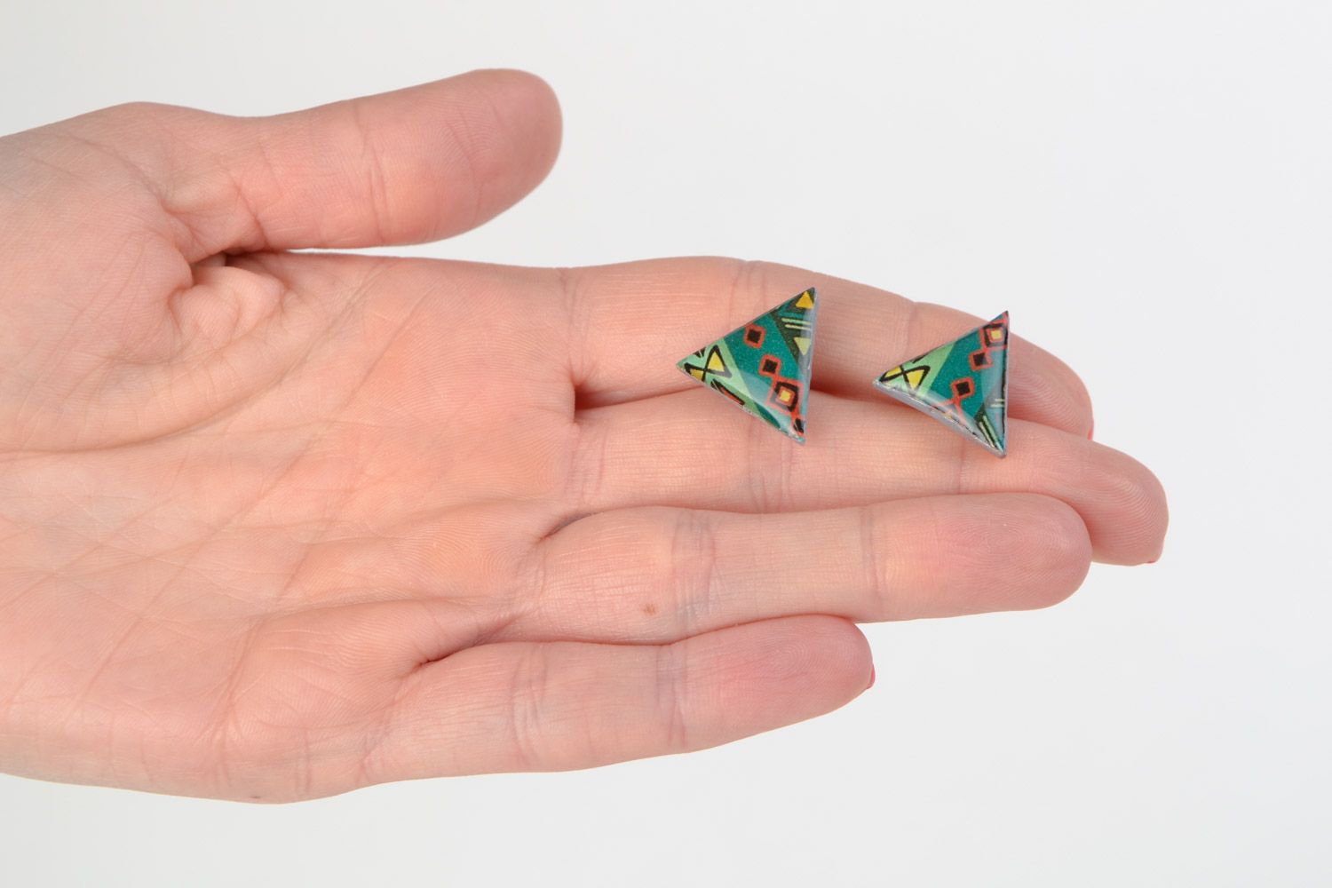 Handmade triangle stud earrings with ethnic print coated with jewelry glaze photo 2