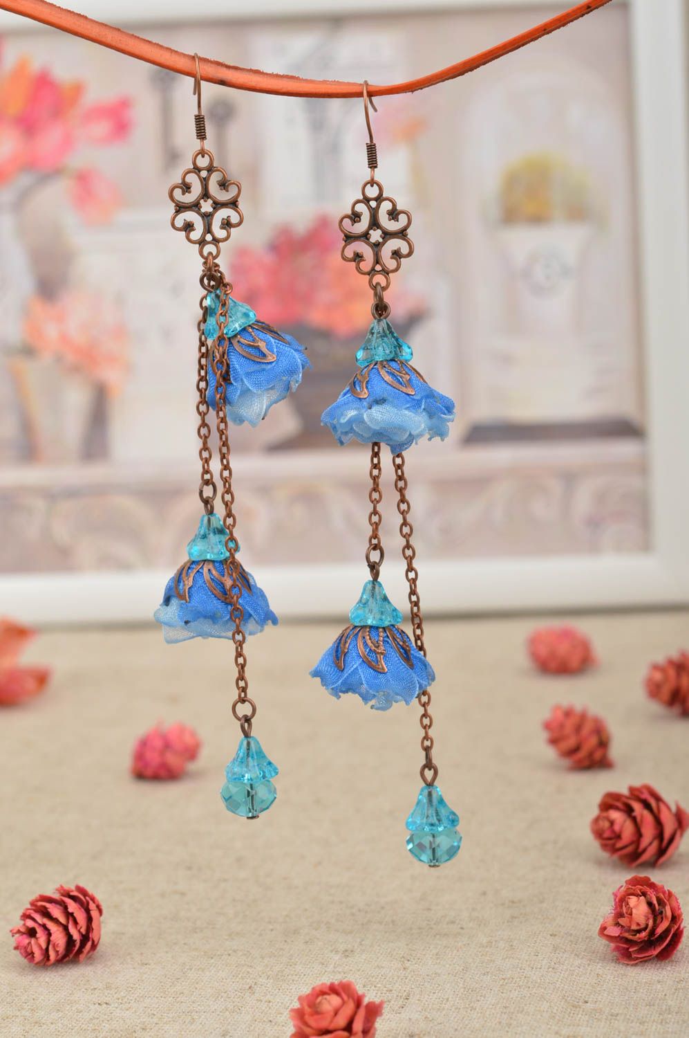 Long stylish earrings handmade earrings with charms earrings with chiffon photo 1