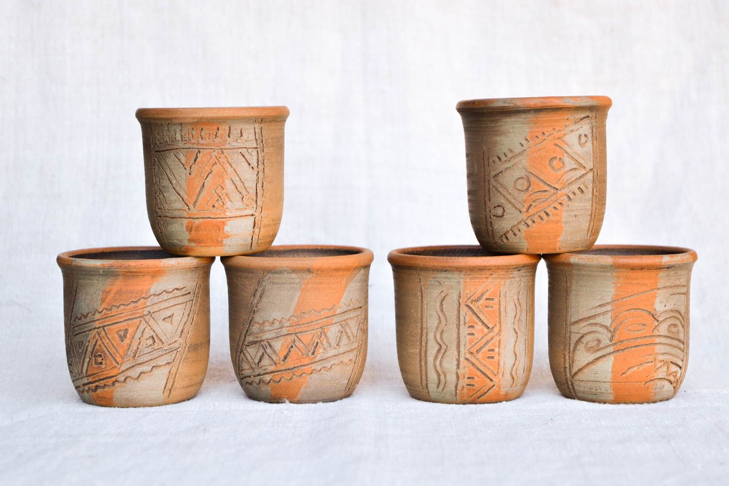Set of 6 ceramic 5 oz clay cups, not glazed with Italian style olive-brown color photo 3