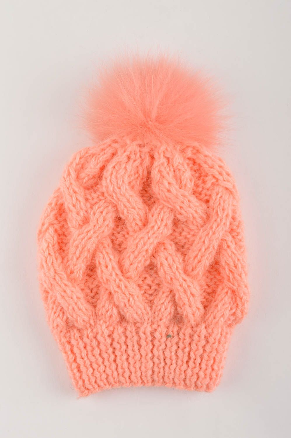 Детская вязаная шапка ручной работы шапка с мехом зимняя шапка персикового цвета фото 2