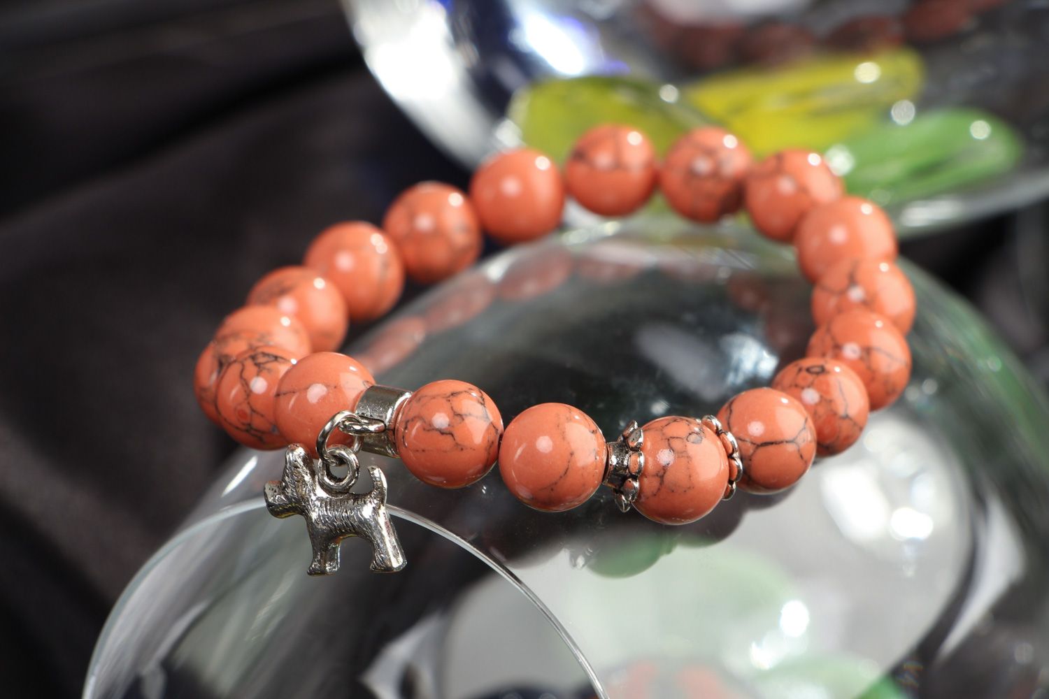 Cute handmade stretch wrist bracelet with natural coral beads and metal charm  photo 4