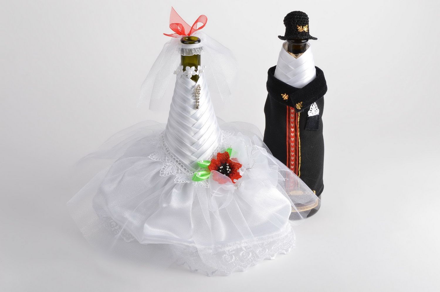 Set of 2 handmade festive designer champagne bottle covers Groom and Bride photo 1