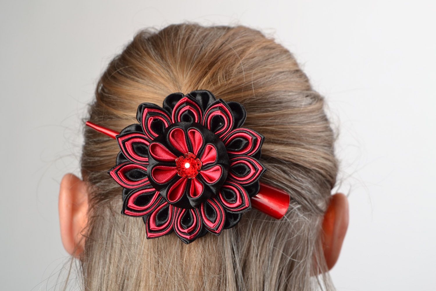 Red and black handmade satin ribbon kanzashi hair clip photo 1