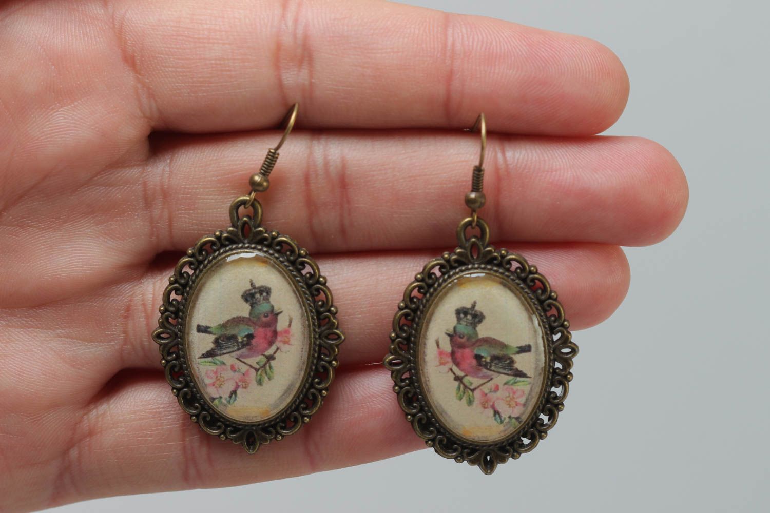 A set of handmade vintage oval earrings made of glass glaze with metal fittings photo 5