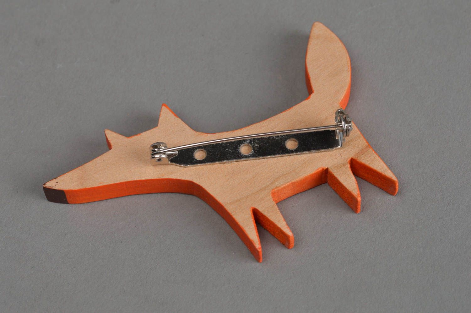 Bright funny stylish handmade designer wooden brooch in the shape of orange fox photo 3