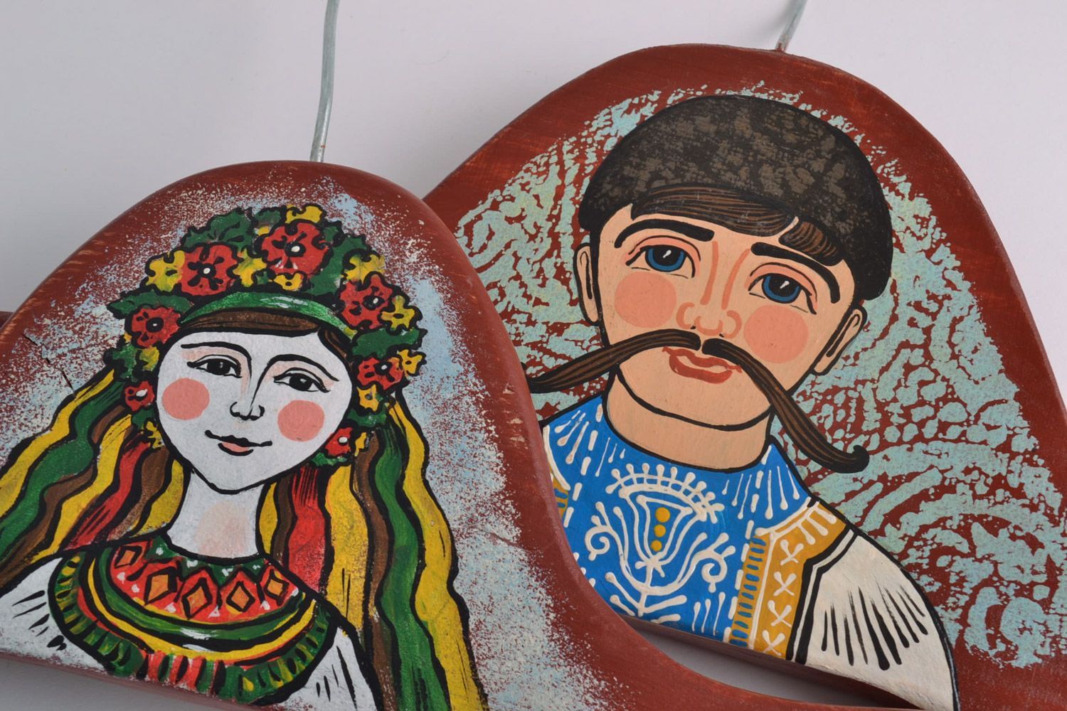 Set of 2 handmade wooden clothes hangers with ethnic painting for him and her photo 2