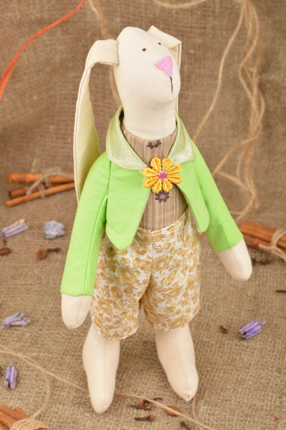 Handmade designer cotton fabric soft toy rabbit in light green jacket photo 1