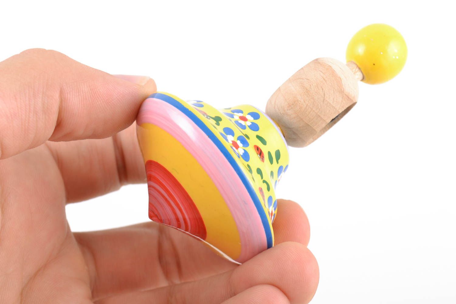 Beautiful painted wooden spinning top with ring and string eco toy for children photo 2