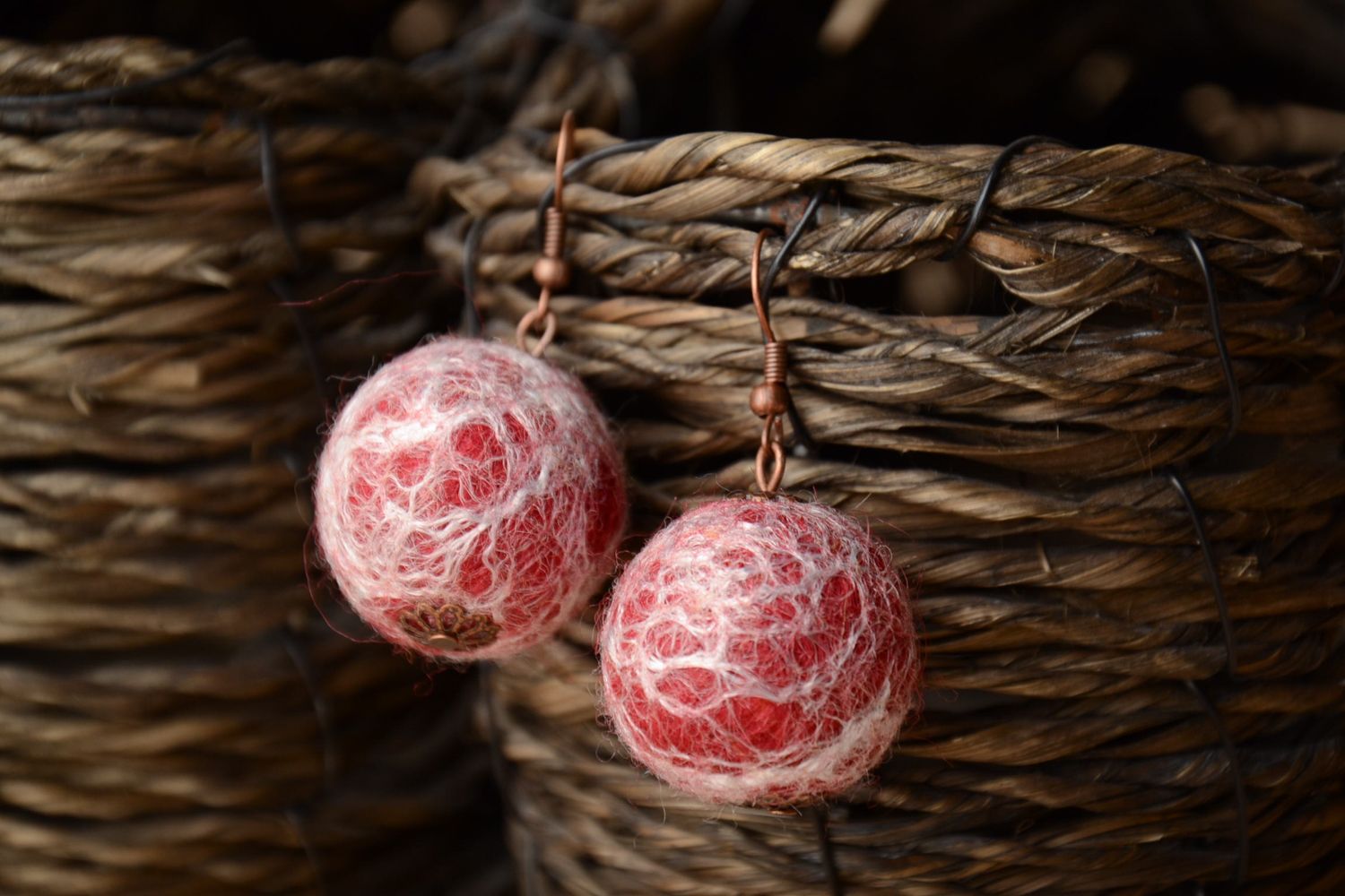Felted wool ball earrings Spiderweb photo 1