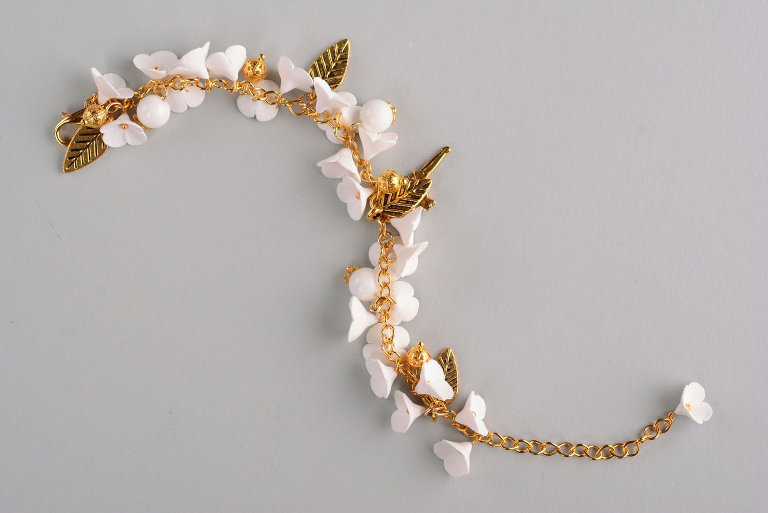 Bracelet fleurs en pâte polymère Lilas blanc  photo 1