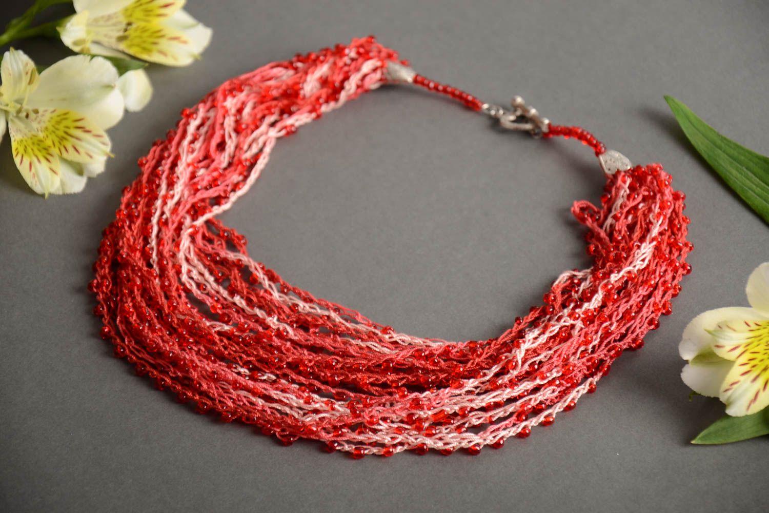 Handmade multi row designer crocheted necklace with Czech beads in red color photo 1