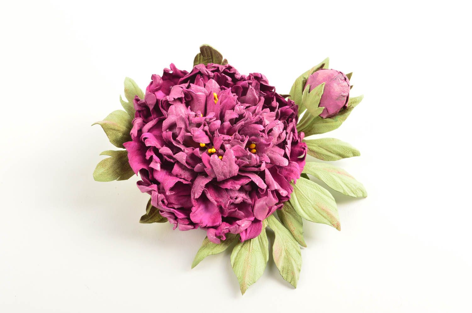 Broche fleur violette Bijou fait main grosse en vrai cuir Cadeau femme photo 2