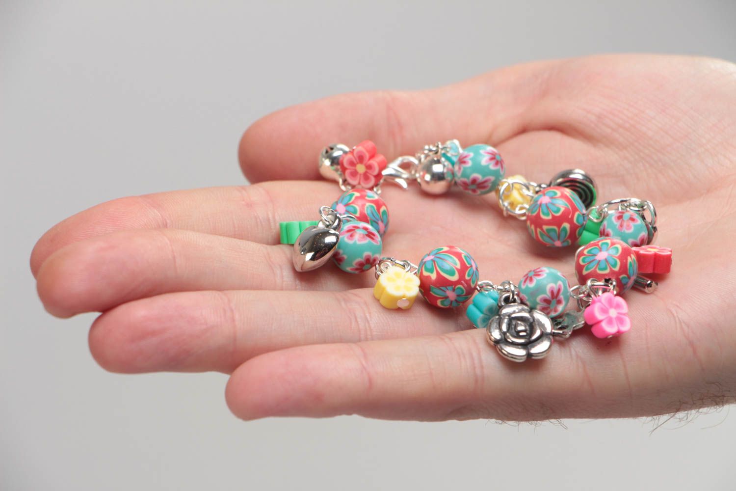 Handmade bright children's handmade polymer clay wrist bracelet with charms photo 5