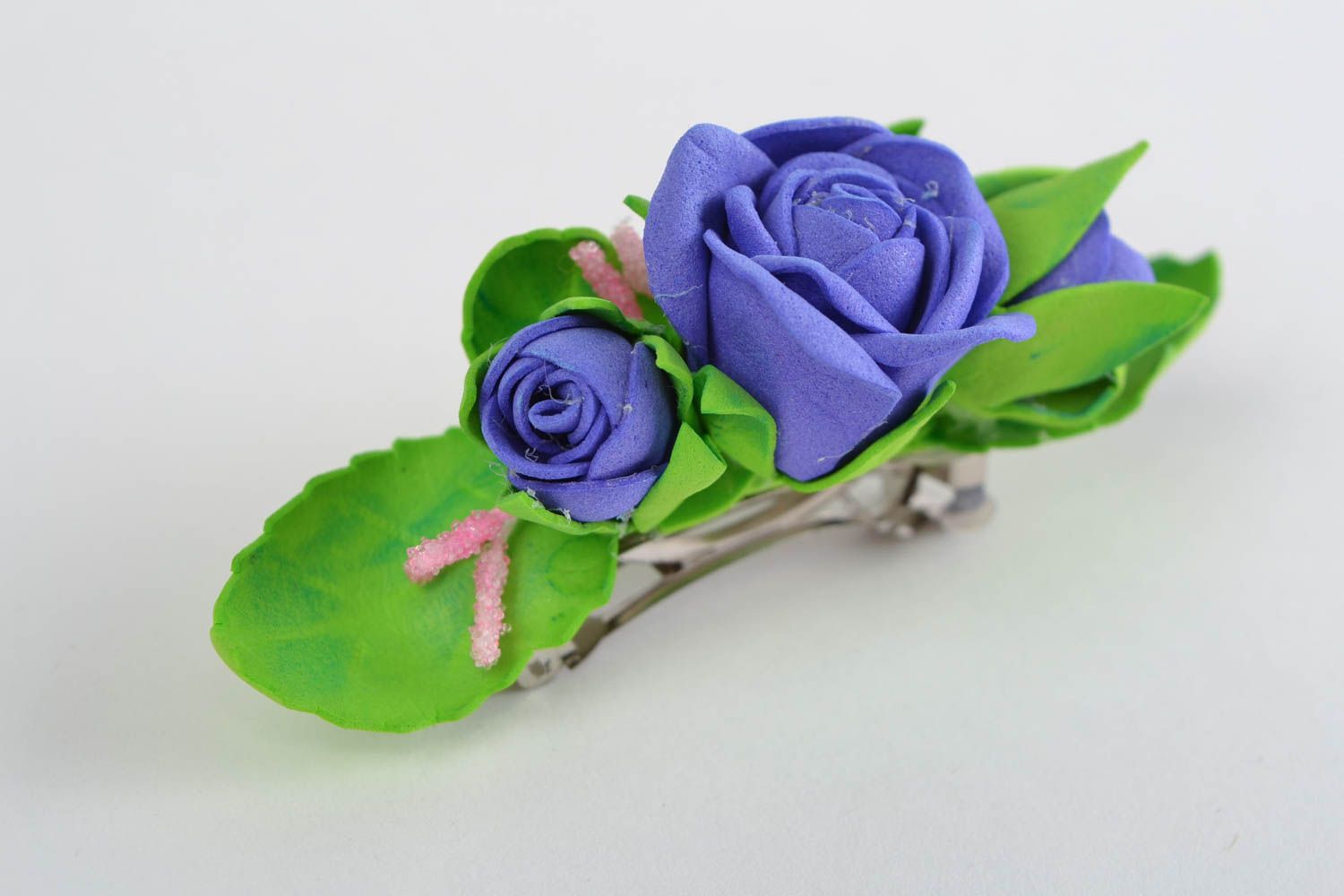 Beautiful handmade designer textile foamiran hair clip with blue roses photo 3
