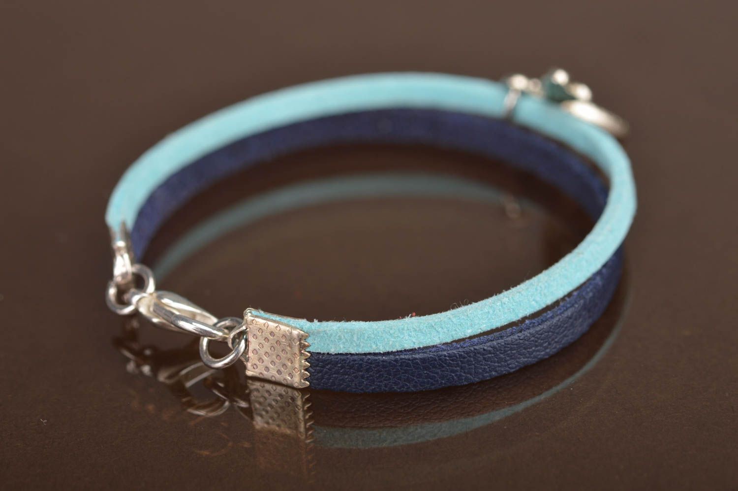 Handmade designer genuine leather wrist bracelet blue with metal dragonfly charm photo 4